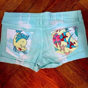 Little Mermaid Tie Dye OOAK Jean Shorts Upcycled with Vintage Sheets